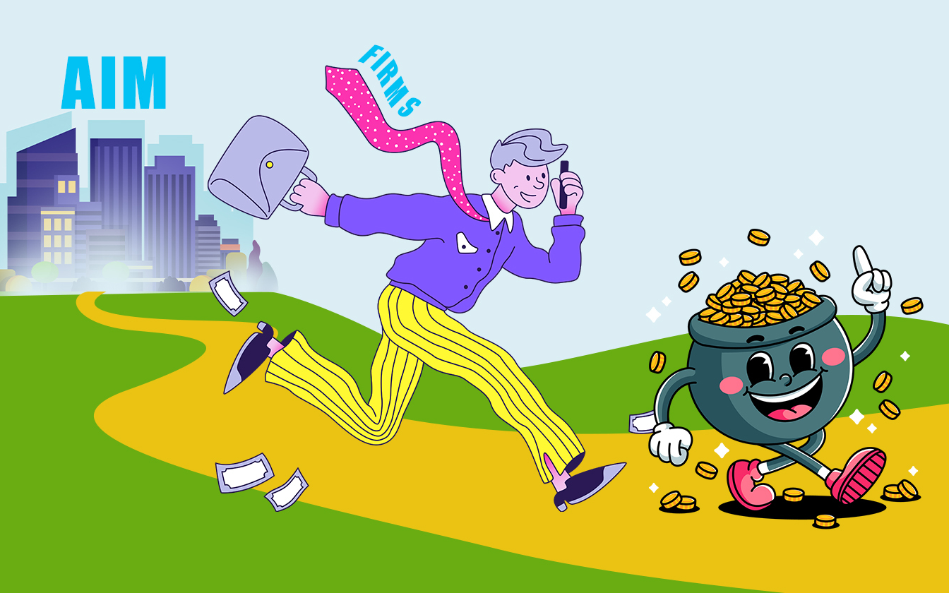 Man running from AIM towards a pot of money.