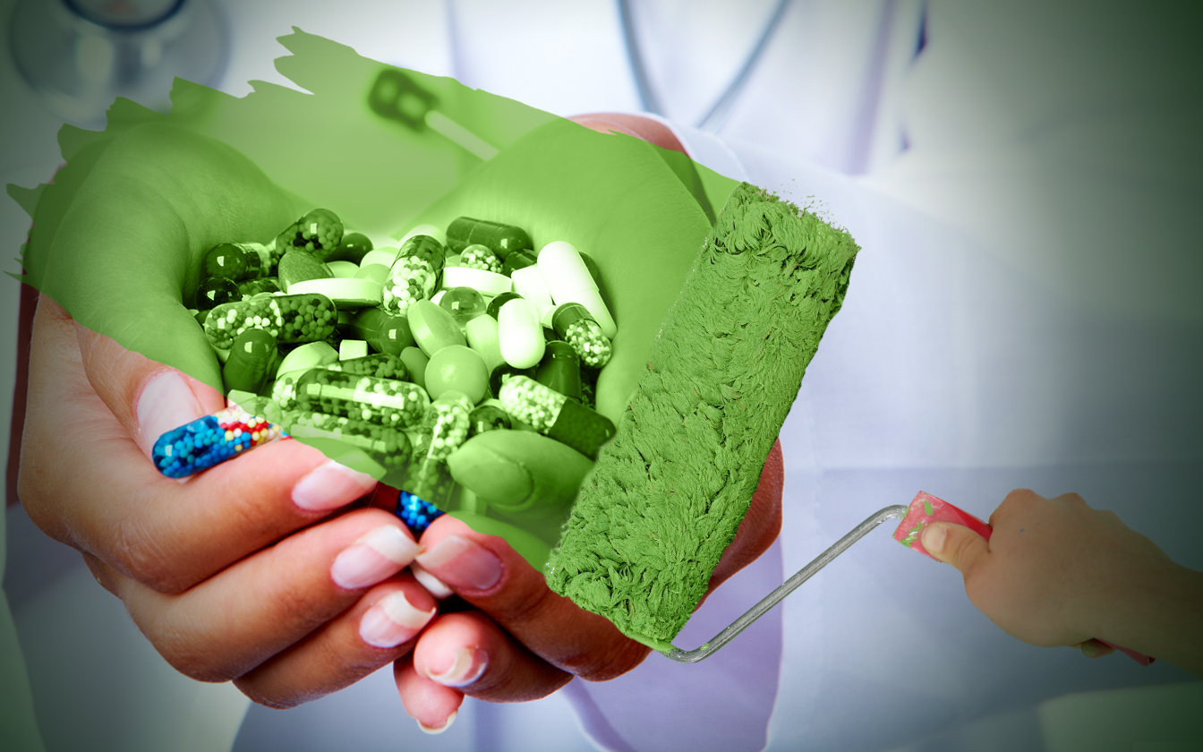 Green paint roller over image of hands holding drugs