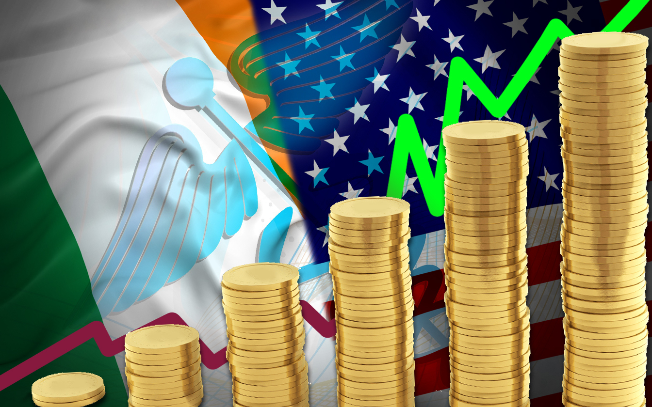 coins and Ireland and US flags