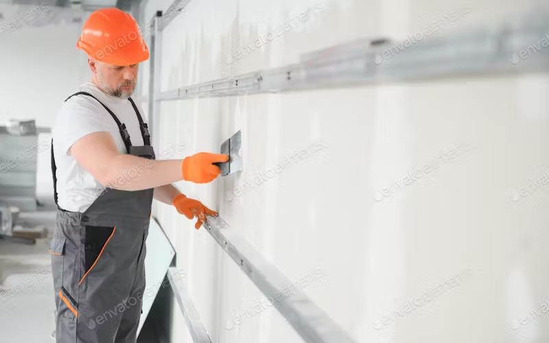 construction worker skimming wall