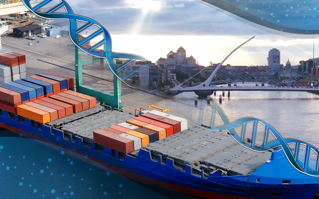 montage: Containers on a boat, and Dublin