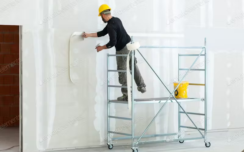 Man on scaffolding working on wall